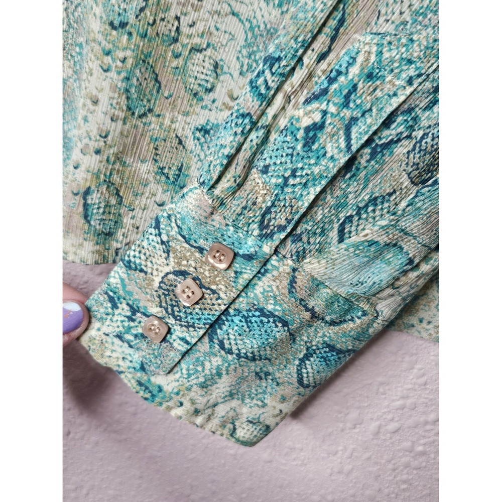 Talbots Pure Silk Snakeskin Print Blouse Teal Green Animal Print Button Down 12 - Picture 5 of 7
